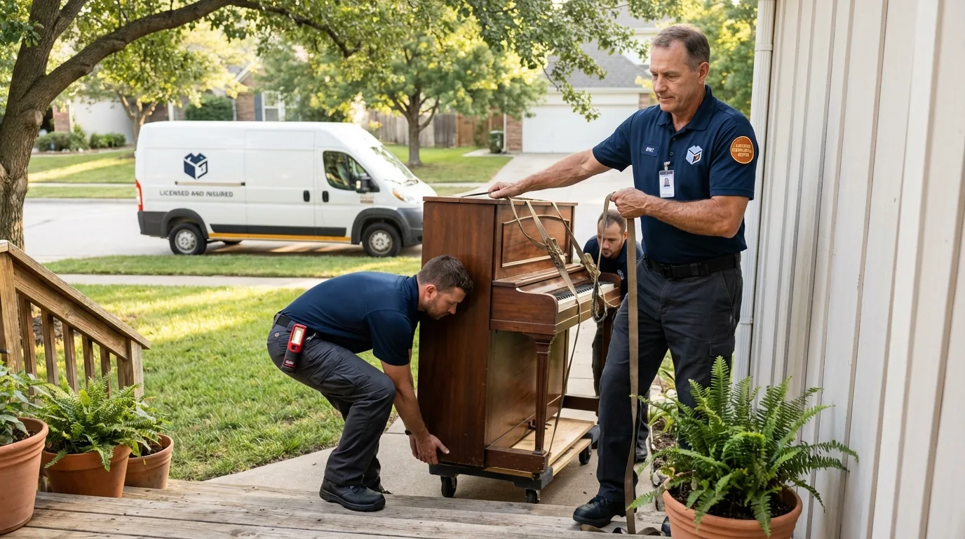 Licensed piano movers securing grand piano in Rapid City, MI