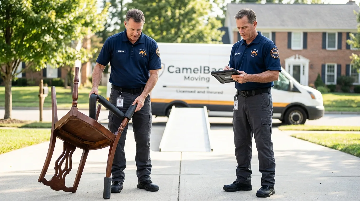Movers inspecting furniture for damage prevention before loading in Rapid City, MI